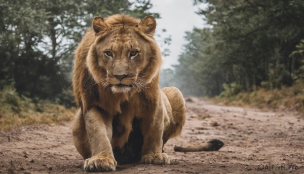 solo,looking at viewer,closed mouth,full body,outdoors,day,blurry,black eyes,tree,no humans,depth of field,blurry background,animal,nature,forest,realistic,animal focus,photo background,standing,sky,bush,brown fur