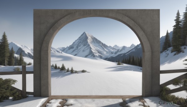 outdoors,sky,day,tree,no humans,grass,nature,scenery,snow,forest,rock,mountain,bush,winter,pillar,bare tree,landscape,pine tree,cloud,blue sky,bridge,mountainous horizon,lake,arch