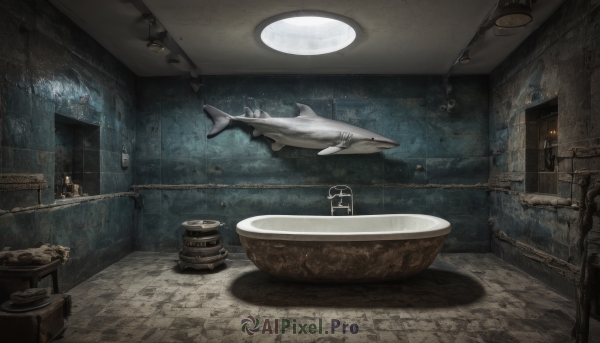 indoors,water,no humans,chain,table,scenery,fish,door,lamp,candle,watercraft,chandelier,animal,chair,stairs,underwater,fantasy,tiles,light,wall,shark,candlestand