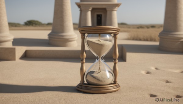 outdoors,sky,day,blurry,blue sky,no humans,blurry background,shadow,scenery,sand,road,pillar,pocket watch,still life,desert,column,depth of field