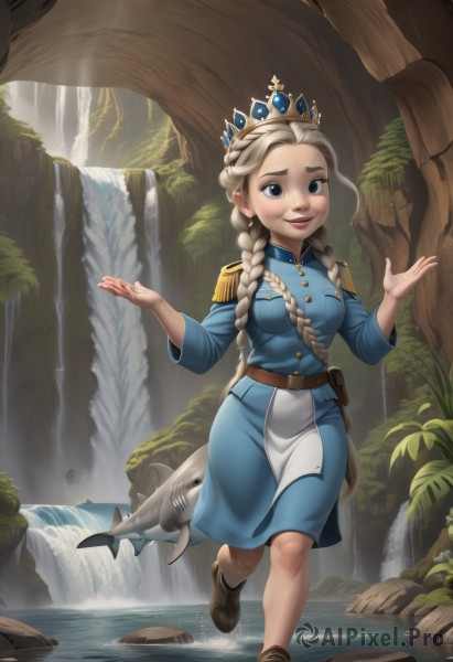 1girl,solo,long hair,breasts,looking at viewer,smile,blue eyes,skirt,blonde hair,long sleeves,medium breasts,very long hair,closed mouth,standing,tail,full body,braid,boots,outdoors,shoes,belt,artist name,signature,water,uniform,twin braids,tree,lips,blue skirt,hands up,military,military uniform,buttons,blue dress,watermark,brown footwear,standing on one leg,thick eyebrows,tiara,crown,nature,web address,forest,freckles,fish,walking,epaulettes,running,pouch,rock,brown belt,splashing,river,waterfall,w arms,dress,patreon username