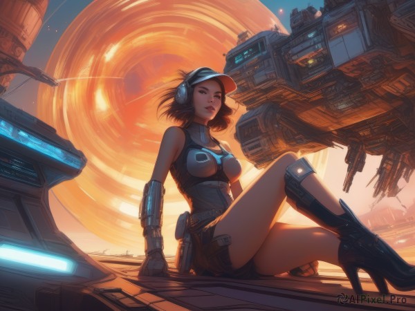 1girl,solo,breasts,looking at viewer,smile,short hair,brown hair,black hair,gloves,hat,bare shoulders,brown eyes,medium breasts,sitting,weapon,boots,parted lips,sky,shorts,sleeveless,high heels,lips,gun,short shorts,dutch angle,headphones,arm support,building,high heel boots,headset,backlighting,science fiction,knee up,visor cap,spacecraft,cyberpunk,star (sky),baseball cap,sunset,nose,space,holster,planet