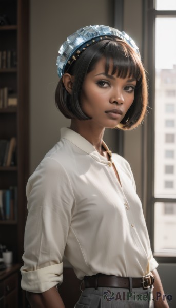 1girl,solo,looking at viewer,short hair,bangs,shirt,black hair,hat,brown eyes,standing,white shirt,upper body,parted lips,collared shirt,belt,pants,indoors,dark skin,blurry,black eyes,dark-skinned female,lips,looking to the side,book,maid headdress,window,dress shirt,blurry background,bob cut,denim,sleeves rolled up,black belt,jeans,belt buckle,realistic,nose,bookshelf,shirt tucked in,grey pants,high-waist pants,jewelry,closed mouth,small breasts,brown belt