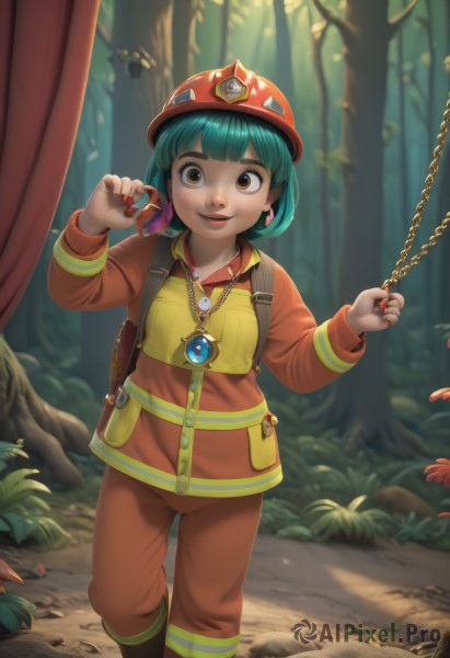 1girl,solo,looking at viewer,smile,short hair,open mouth,bangs,long sleeves,hat,holding,brown eyes,jewelry,standing,jacket,earrings,boots,outdoors,green hair,teeth,pants,necklace,bag,nail polish,tree,aqua hair,chain,backpack,helmet,child,nature,red nails,forest,mushroom,orange pants,weapon,parted lips,gun,grass,plant,realistic,holster