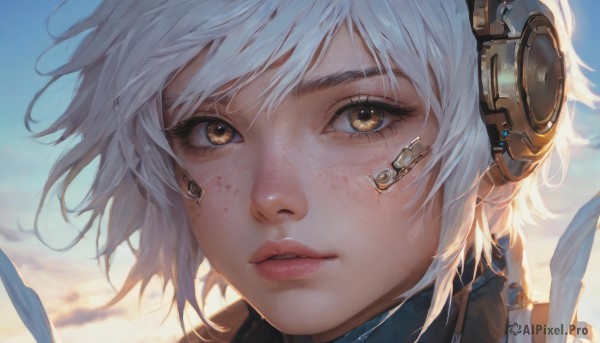 1girl,solo,looking at viewer,short hair,bangs,brown eyes,white hair,outdoors,parted lips,sky,day,artist name,cloud,blue sky,lips,eyelashes,headphones,portrait,close-up,freckles,realistic,nose,yellow eyes,looking to the side,cloudy sky,wind,headset