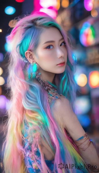 1girl,solo,long hair,looking at viewer,blue eyes,dress,bare shoulders,jewelry,closed mouth,blue hair,upper body,pink hair,multicolored hair,earrings,looking back,necklace,from behind,blurry,bracelet,two-tone hair,lips,eyelashes,aqua hair,gradient hair,makeup,depth of field,blurry background,lipstick,gem,veil,armlet,eyeshadow,realistic,nose,bokeh,colorful,rainbow hair,purple eyes,artist name,from side,piercing