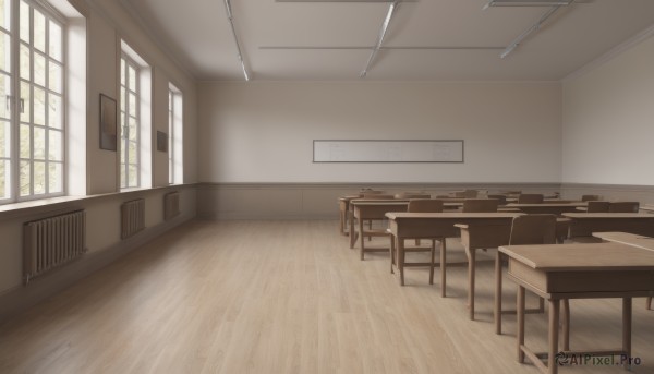 day,indoors,no humans,window,shadow,chair,table,sunlight,curtains,scenery,desk,wooden floor,door,classroom,school,ceiling,ceiling light,wooden chair,school desk,chalkboard,hallway