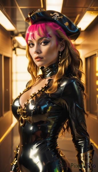 1girl,solo,long hair,breasts,looking at viewer,blonde hair,hat,cleavage,brown eyes,jewelry,medium breasts,pink hair,multicolored hair,earrings,parted lips,choker,shiny,indoors,signature,blurry,collar,two-tone hair,lips,shiny skin,eyelashes,bodysuit,gradient hair,makeup,lipstick,skin tight,eyeshadow,zipper,shiny clothes,realistic,nose,black bodysuit,unzipped,eyeliner,leather,latex,pirate hat,latex bodysuit,sweat