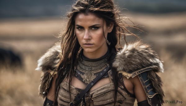 1girl,solo,long hair,breasts,looking at viewer,blue eyes,brown hair,black hair,brown eyes,jewelry,medium breasts,closed mouth,upper body,earrings,armor,blurry,lips,fur trim,blurry background,shoulder armor,messy hair,freckles,pauldrons,realistic,nose,dirty,serious,desert,chainmail