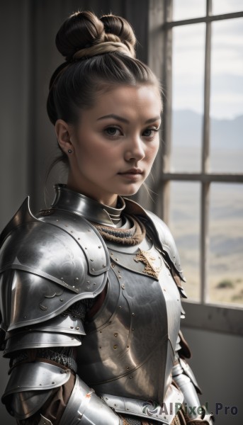 1girl,solo,looking at viewer,short hair,brown hair,black hair,jewelry,closed mouth,upper body,earrings,artist name,indoors,hair bun,armor,blurry,black eyes,lips,grey eyes,window,blurry background,single hair bun,shoulder armor,gauntlets,pauldrons,breastplate,realistic,stud earrings,knight,chainmail,plate armor,necklace,backlighting,nose,hair pulled back