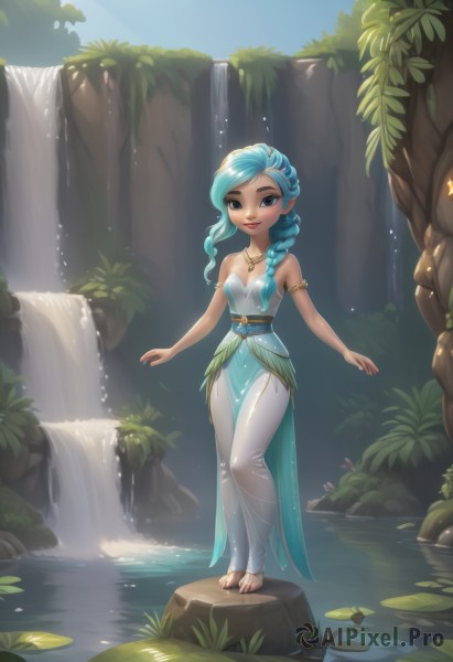 1girl,solo,long hair,breasts,looking at viewer,smile,blue eyes,dress,bare shoulders,jewelry,closed mouth,blue hair,standing,full body,braid,small breasts,outdoors,barefoot,day,pointy ears,belt,pants,artist name,water,necklace,nail polish,tree,lips,wet,see-through,sash,single braid,strapless,aqua hair,makeup,toes,swept bangs,plant,lipstick,nature,strapless dress,hair over shoulder,armlet,toenails,rock,white pants,toenail polish,red lips,toeless legwear,waterfall,lily pad,medium breasts,parted lips,feet,blue dress,wide hips,pond,barefoot sandals