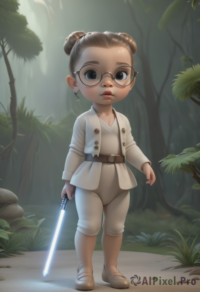 1girl,solo,looking at viewer,short hair,brown hair,holding,brown eyes,standing,jacket,full body,weapon,boots,outdoors,parted lips,glasses,belt,sword,hair bun,holding weapon,black eyes,tree,lips,double bun,holding sword,child,nature,forehead,forest,round eyewear,female child,energy sword,lightsaber,breasts,shoes,science fiction,realistic