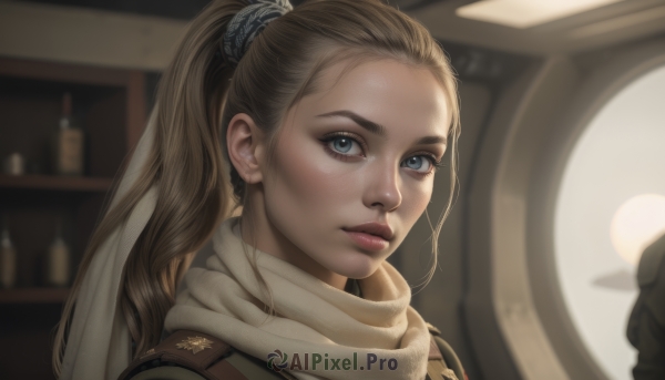 1girl,solo,long hair,looking at viewer,blue eyes,blonde hair,brown hair,closed mouth,ponytail,solo focus,indoors,scarf,blurry,lips,eyelashes,depth of field,blurry background,bottle,portrait,close-up,freckles,realistic,nose,parted lips,uniform,military,military uniform,makeup,scrunchie,forehead