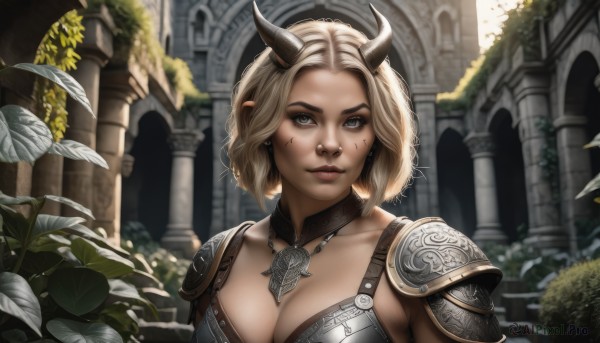 1girl,solo,breasts,looking at viewer,smile,short hair,blue eyes,blonde hair,large breasts,cleavage,jewelry,medium breasts,closed mouth,upper body,earrings,outdoors,horns,necklace,armor,blurry,lips,grey eyes,bird,leaf,facial mark,plant,demon horns,shoulder armor,pauldrons,realistic,nose,fantasy,shoulder pads,pillar,piercing,facepaint,arch,nose piercing,garden