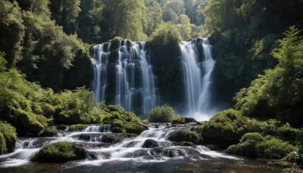 outdoors,day,water,tree,no humans,sunlight,nature,scenery,forest,river,waterfall,moss,signature,bush,landscape