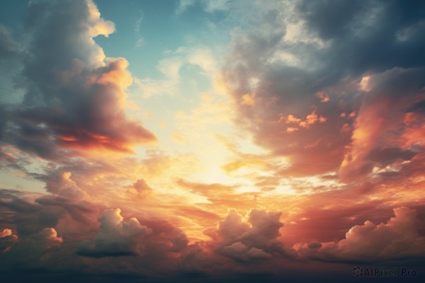 outdoors,sky,cloud,blue sky,no humans,ocean,sunlight,cloudy sky,scenery,sunset,sun,horizon,above clouds,water,landscape