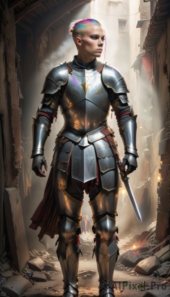 1girl,solo,1boy,standing,full body,weapon,pink hair,white hair,male focus,multicolored hair,boots,belt,sword,artist name,armor,lips,makeup,fire,knife,shoulder armor,gauntlets,pauldrons,breastplate,fantasy,armored boots,bald,greaves,ruins,knight,full armor,chainmail,plate armor,short hair,blue eyes,gloves,blue hair,ponytail,two-tone hair,book,web address,realistic,dagger