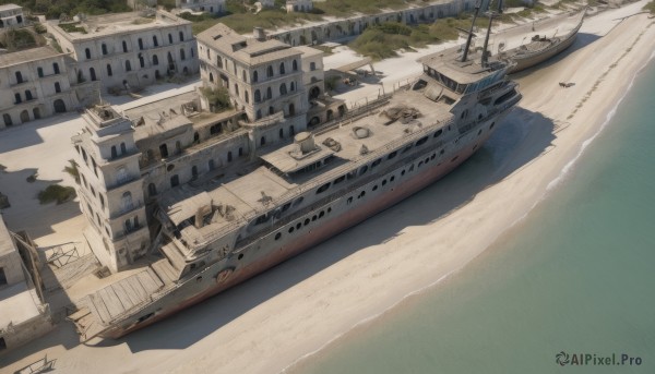 outdoors,day,water,tree,military,no humans,ocean,beach,building,scenery,sand,military vehicle,flag,watercraft,vehicle focus,ship,boat,smokestack,warship,dock,signature,6+boys,turret,aircraft,cannon,waves,shore,world war ii,battleship