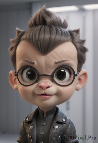 1girl,solo,looking at viewer,smile,short hair,brown hair,1boy,green eyes,jacket,upper body,male focus,parted lips,glasses,blurry,lips,blurry background,child,portrait,freckles,black-framed eyewear,realistic,male child,artist name,scar,leather jacket