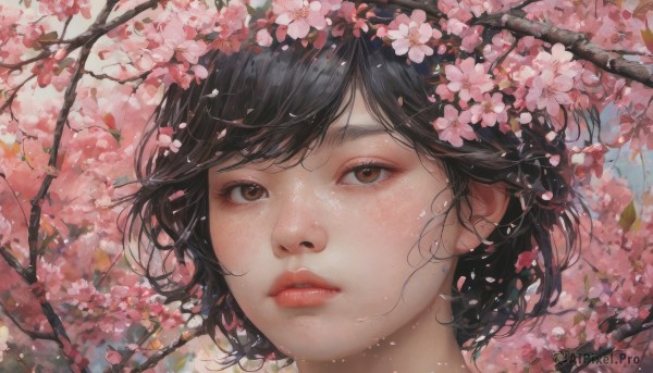 1girl, solo, looking at viewer, short hair, bangs, black hair, brown eyes, flower, outdoors, parted lips, day, tree, lips, petals, eyelashes, cherry blossoms, portrait, close-up, realistic, nose, branch