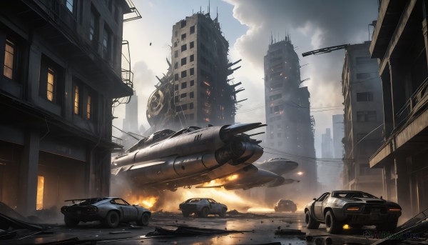 HQ,outdoors,sky,day,cloud,no humans,cloudy sky,fire,ground vehicle,building,scenery,motor vehicle,smoke,science fiction,city,realistic,aircraft,military vehicle,car,airplane,road,explosion,ruins,vehicle focus,street,damaged,skyscraper,spacecraft,debris,destruction,signature,military,window,flying