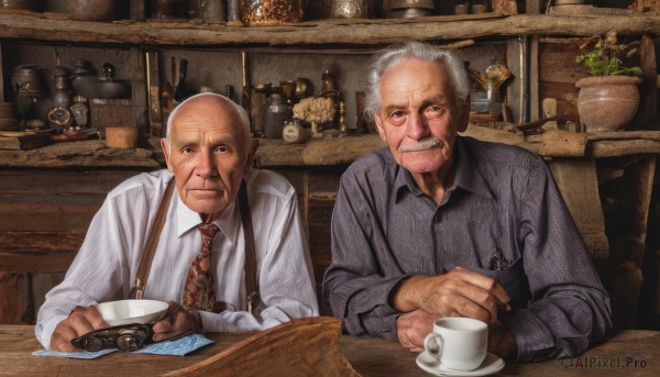 looking at viewer,smile,shirt,long sleeves,sitting,white hair,grey hair,male focus,multiple boys,necktie,pointy ears,striped,collared shirt,indoors,2boys,cup,dress shirt,facial hair,table,suspenders,bottle,plant,beard,teacup,striped shirt,mug,realistic,mustache,camera,bald,photo (object),old,saucer,old man,monocle,bar (place),wrinkled skin,holding,signature,grin,scar,plate,potted plant,coffee,coffee mug