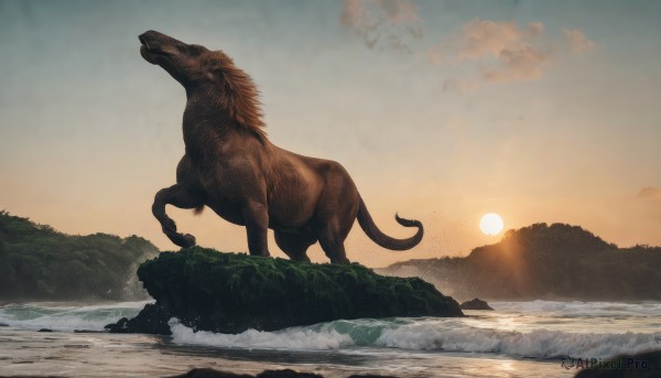 solo,tail,outdoors,sky,cloud,water,no humans,animal,sunlight,scenery,sunset,rock,mountain,realistic,sun,signature,nature,kaijuu