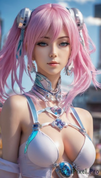 1girl,solo,long hair,breasts,looking at viewer,smile,bangs,blue eyes,hair ornament,cleavage,hair between eyes,bare shoulders,twintails,jewelry,medium breasts,closed mouth,upper body,pink hair,earrings,outdoors,sky,day,blurry,lips,blurry background,gem,realistic,nose,swimsuit,bikini,artist name,see-through,eyelashes,detached collar