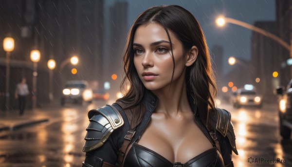 1girl,solo,long hair,breasts,large breasts,brown hair,black hair,cleavage,brown eyes,medium breasts,closed mouth,collarbone,upper body,outdoors,solo focus,water,armor,blurry,lips,wet,looking to the side,grey eyes,night,depth of field,blurry background,looking away,ground vehicle,shoulder armor,motor vehicle,forehead,rain,pauldrons,city,realistic,nose,car,wet hair,leather,shoulder pads,makeup,bokeh