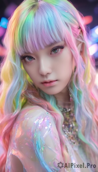 1girl,solo,long hair,looking at viewer,bangs,blue eyes,blonde hair,bare shoulders,jewelry,closed mouth,green eyes,upper body,pink hair,multicolored hair,green hair,blunt bangs,necklace,blurry,lips,eyelashes,gradient hair,makeup,depth of field,blurry background,wavy hair,portrait,realistic,colorful,rainbow hair,breasts,dress,blue hair,streaked hair,watermark,pink lips,nose,bokeh,mascara