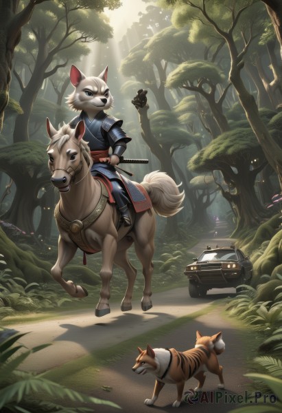 1girl,solo,short hair,blue eyes,1boy,holding,animal ears,closed mouth,standing,tail,full body,weapon,white hair,male focus,outdoors,day,sword,artist name,signature,holding weapon,armor,tree,bird,animal,sunlight,katana,grass,plant,ground vehicle,shoulder armor,gauntlets,sheath,nature,scenery,motor vehicle,furry,forest,sheathed,light rays,fantasy,vambraces,car,road,riding,sunbeam,dappled sunlight,horse,horseback riding,deer,reins,saddle,blue shirt,dog,japanese armor,motorcycle,wolf,fox