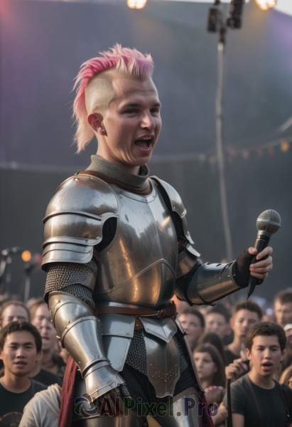 1girl,short hair,open mouth,blonde hair,shirt,gloves,holding,jewelry,standing,closed eyes,pink hair,male focus,multicolored hair,cowboy shot,earrings,multiple boys,teeth,solo focus,armor,blurry,two-tone hair,blurry background,shoulder armor,gauntlets,microphone,6+boys,pauldrons,breastplate,realistic,music,stud earrings,holding microphone,greaves,singing,old,multiple others,faulds,knight,microphone stand,full armor,crowd,stage,mohawk,old woman,people,chainmail,plate armor,looking at viewer,smile,weapon,fingerless gloves,scar,piercing,scar on face,scar across eye,very short hair