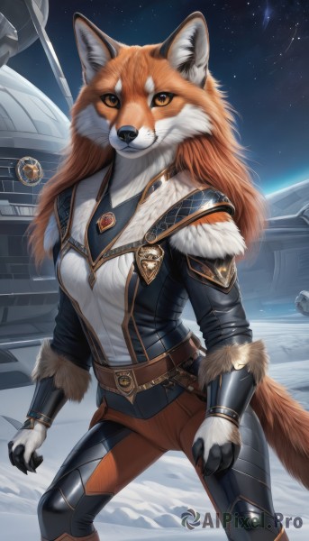 1girl,solo,long hair,breasts,looking at viewer,smile,shirt,gloves,animal ears,brown eyes,jewelry,standing,jacket,tail,outdoors,sky,belt,pants,artist name,orange hair,armor,orange eyes,fur trim,night,fox tail,brooch,gem,star (sky),night sky,claws,furry,snow,starry sky,furry female,space,planet,spacecraft,orange fur,long sleeves,medium breasts,snout,shooting star