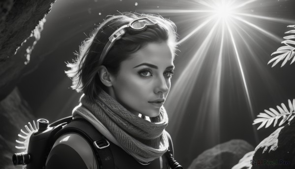 1girl,solo,looking at viewer,short hair,1boy,monochrome,upper body,greyscale,male focus,parted lips,bag,scarf,lips,sunlight,backpack,goggles,portrait,goggles on head,light rays,realistic,nose,hairband,signature,eyelashes