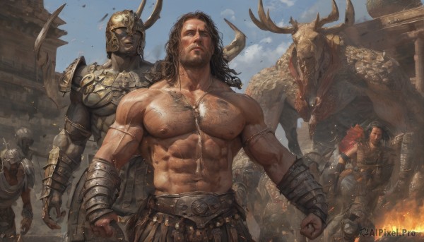 long hair,brown hair,black hair,1boy,navel,closed mouth,nipples,standing,weapon,male focus,outdoors,multiple boys,horns,sky,teeth,day,belt,sword,cloud,armor,blue sky,muscular,colored skin,facial hair,scar,abs,helmet,fire,pectorals,muscular male,shoulder armor,gauntlets,clenched hand,beard,clenched hands,large pectorals,6+boys,veins,pauldrons,topless male,shield,realistic,dragon,fake horns,axe,manly,chest hair,statue,embers,orc,horned helmet,looking at viewer,holding,jewelry,dark skin,necklace,stomach,cape,holding weapon,fantasy,bracer,giant