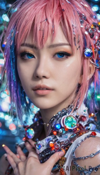 1girl,solo,looking at viewer,short hair,bangs,blue eyes,hair ornament,jewelry,pink hair,multicolored hair,parted lips,necklace,nail polish,blurry,lips,eyelashes,makeup,blurry background,ring,gem,portrait,close-up,realistic,nose,multicolored nails,mascara,teeth,depth of field,watermark,web address,beads,bokeh