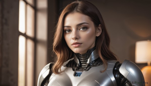 1girl,solo,long hair,looking at viewer,brown hair,brown eyes,closed mouth,upper body,indoors,medium hair,armor,blurry,lips,window,bodysuit,makeup,depth of field,blurry background,portrait,forehead,science fiction,breastplate,realistic,nose,power armor,cyborg