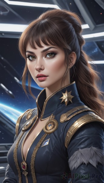 1girl,solo,long hair,breasts,looking at viewer,bangs,brown hair,cleavage,brown eyes,jewelry,medium breasts,upper body,hair bun,star (symbol),lips,fur trim,eyelashes,makeup,single hair bun,lipstick,realistic,nose,red lips,space,planet,earth (planet),jacket,ponytail,parted lips,artist name,science fiction,spacecraft