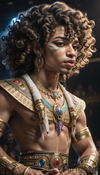 solo,looking at viewer,brown hair,black hair,1boy,jewelry,nipples,upper body,male focus,earrings,artist name,dark skin,necklace,blurry,black eyes,bracelet,lips,blurry background,facial mark,dark-skinned male,ring,own hands together,feathers,pectorals,gem,armlet,curly hair,topless male,realistic,nose,bracer,facepaint,dreadlocks,afro,tooth necklace,long hair,brown eyes,muscular,facial hair,piercing,abs,egyptian clothes