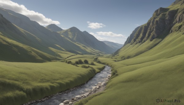 outdoors,sky,day,cloud,signature,water,blue sky,no humans,cloudy sky,grass,nature,scenery,rock,mountain,field,river,landscape,mountainous horizon,hill,skull,road