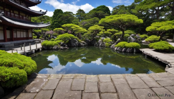 outdoors,sky,day,cloud,water,tree,blue sky,no humans,cloudy sky,grass,building,nature,scenery,forest,reflection,rock,road,bush,architecture,bridge,east asian architecture,river,shrine,path,pond,stone lantern,real world location,reflective water