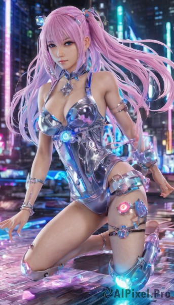 1girl,solo,long hair,breasts,looking at viewer,bangs,blue eyes,large breasts,hair ornament,cleavage,bare shoulders,twintails,jewelry,medium breasts,full body,pink hair,barefoot,blurry,bracelet,leotard,lips,kneeling,thigh strap,detached collar,blurry background,armlet,science fiction,city,realistic,closed mouth,swimsuit,outdoors,choker,shiny,necklace,shiny skin,night,watermark,building,gem,android,cyborg,city lights,cyberpunk,neon lights,hologram