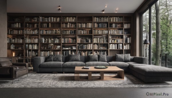 indoors,tree,cup,pillow,book,no humans,window,chair,table,plant,scenery,couch,plate,forest,wooden floor,clock,bookshelf,lamp,candle,on couch,shelf,book stack,library,carpet,candlestand,ceiling light,chandelier,day,wall,rug