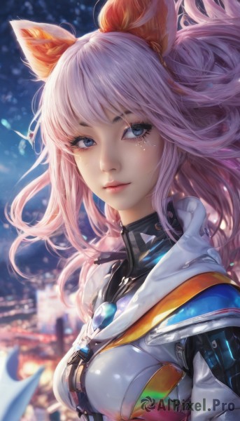 1girl,solo,long hair,breasts,looking at viewer,smile,bangs,blue eyes,animal ears,medium breasts,closed mouth,jacket,upper body,pink hair,outdoors,artist name,cat ears,blurry,lips,fox ears,eyelashes,bodysuit,floating hair,blurry background,nose,armor,depth of field,turtleneck,facial mark,wind,dog ears,pink lips