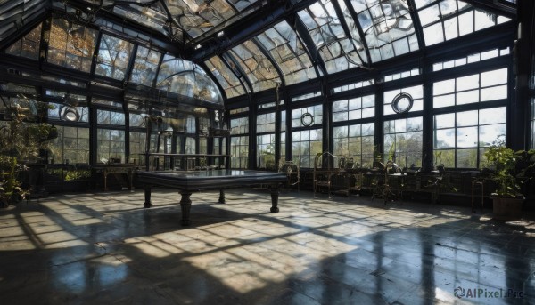 outdoors,sky,day,cloud,indoors,water,tree,no humans,window,shadow,chair,table,sunlight,plant,scenery,reflection,bench,ruins,overgrown,rain,tiles,potted plant,tile floor,candlestand,chandelier