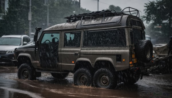 A unique view of a motor vehicle in rainy outdoors