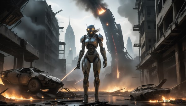 HQ,1girl,solo,breasts,holding,standing,weapon,outdoors,sky,sword,cloud,holding weapon,armor,bodysuit,glowing,helmet,fire,robot,ground vehicle,building,mecha,glowing eyes,motor vehicle,smoke,science fiction,city,military vehicle,car,cable,explosion,power armor,burning,destruction,sparks,full body,solo focus,holding sword,cloudy sky,road,giant,street,cyberpunk,sports car,truck