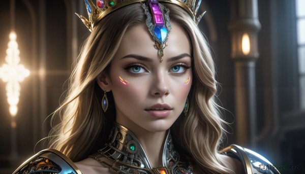 HQ,1girl,solo,long hair,looking at viewer,blue eyes,blonde hair,brown hair,jewelry,closed mouth,earrings,artist name,indoors,armor,blurry,lips,eyelashes,makeup,depth of field,blurry background,watermark,tiara,crown,shoulder armor,gem,portrait,realistic,nose,forehead jewel,parted lips,teeth,facial mark,close-up