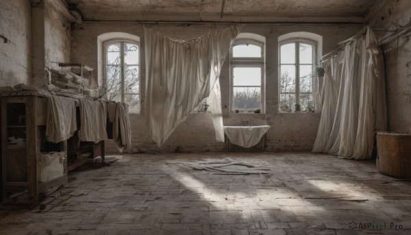 sky,day,indoors,tree,no humans,window,bed,chair,table,sunlight,curtains,scenery,ruins,laundry,clothesline,broken window,shadow,snow,door,tiles,bucket,wall,tile floor,bare tree,floor,sink