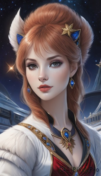 1girl,solo,long hair,breasts,looking at viewer,bangs,brown hair,hair ornament,dress,cleavage,brown eyes,jewelry,medium breasts,upper body,earrings,parted lips,sky,artist name,necklace,orange hair,lips,eyelashes,makeup,night,red dress,feathers,lipstick,gem,star (sky),night sky,eyeshadow,starry sky,freckles,realistic,red lips,feather hair ornament,outdoors,hair bun,fur trim,sparkle,single hair bun,building,architecture,east asian architecture